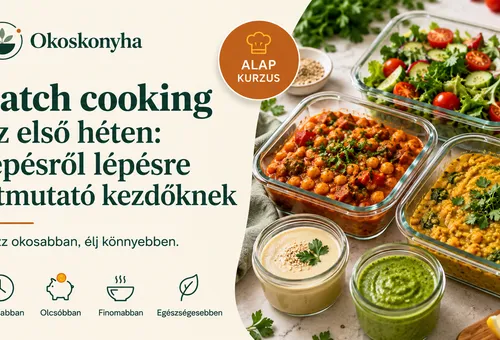 Okoskonyha borítókép a batch cooking első hetes útmutatóhoz: üvegdobozokban csicseriborsós és lencseragu, friss saláta, tahinis és zöld szósz