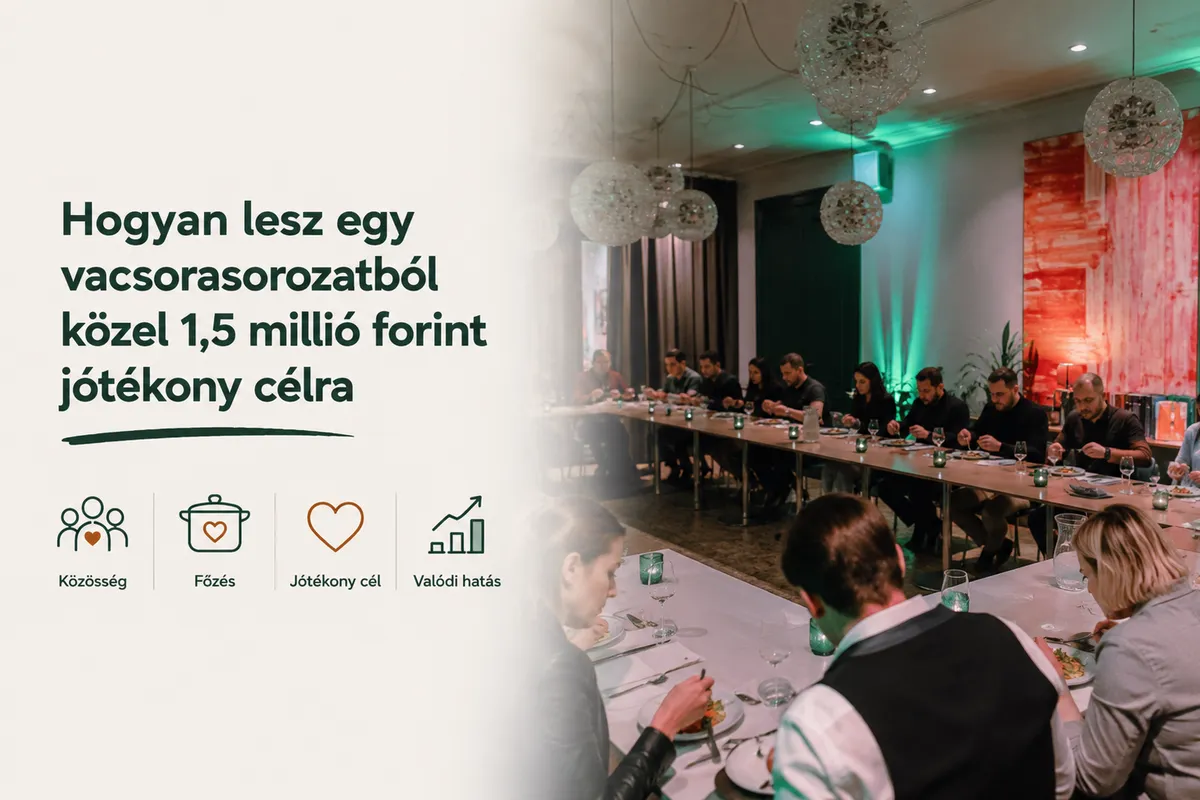 Hosszú asztalnál ülő vendégek egy jótékonysági vacsorán, díszkivilágítással